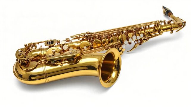 Shiny golden saxophone on a white background, highlighting its keys and curves