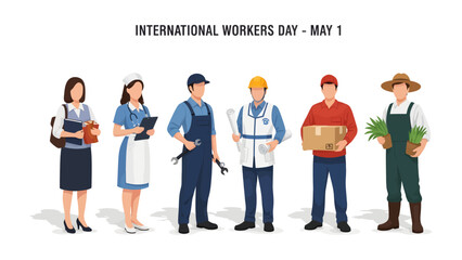 Fototapeta premium Diverse Workforce on International Workers Day: A diverse group of essential workers stand together in solidarity, representing the backbone of our society in honor of International Workers Day.