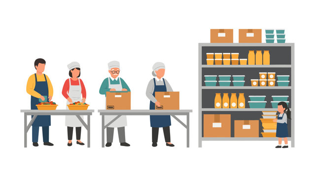 Food Bank teamwork: Volunteers sort and pack non-perishable food items, ensuring organized shelves in a community center's food bank.