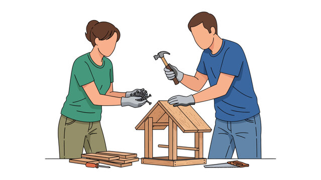 Crafting Connection: A couple works in unison, crafting a birdhouse. Their collaborative effort demonstrates the beauty of teamwork and the creation of something beautiful.