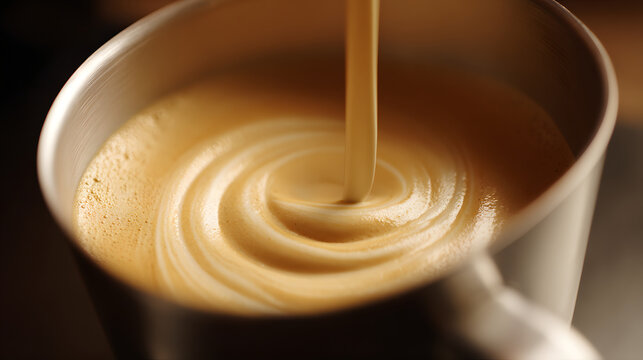Milk pitcher pouring latte microfoam into cup creating creamy swirl and warm texture with glossy surface, close up coffee milk froth emotion cozy