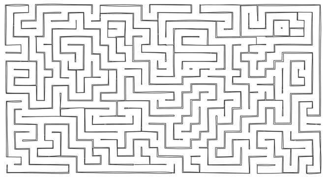 Complex black and white maze illustration with a clear path and dead ends, perfect for problem-solving concepts