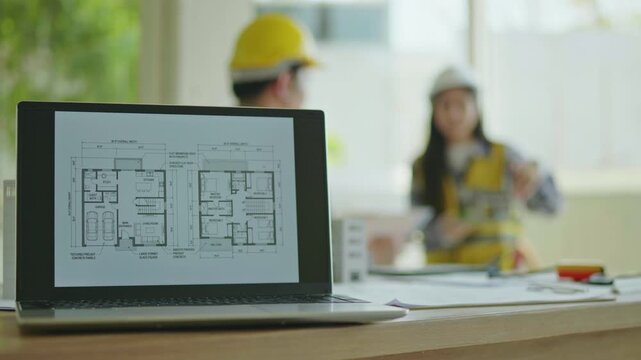 Architect and engineer working brainstorming and measuring for cost estimating on paperworks and floor plan drawings about design architectural and engineering for houses and buildings.