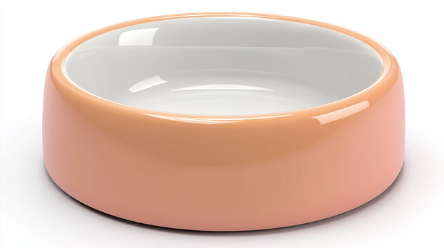 A modern, round pet bowl with a peach exterior and white interior sits on a white background
