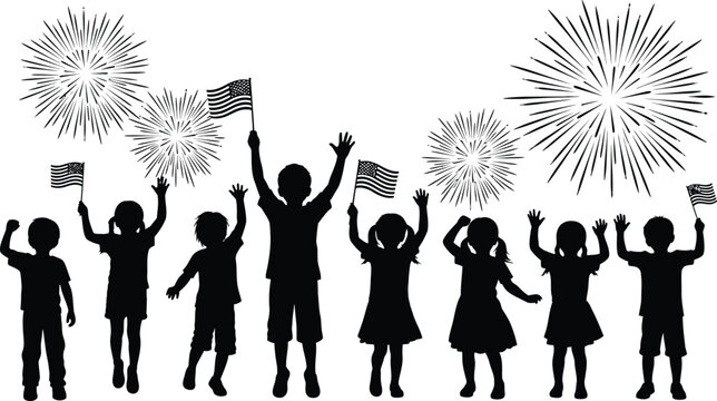 Independence day celebration silhouette with fireworks and american flags