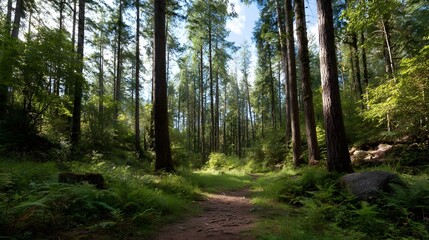 Fototapeta premium A winding forest path bathed in d d sunlight leading through a dense woodland with tall trees and lush greenery