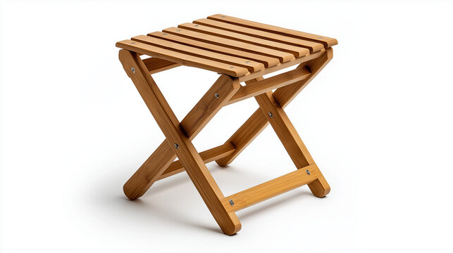 A wooden folding stool with a slatted seat rests on a white background