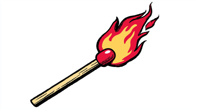 A lit match with flames burns brightly against a white background