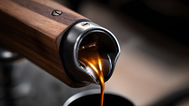 Moka pot spout macro pour warm tungsten espresso stream flowing from metal spout of wooden handled brewer into cup, rich amber crema and shallow