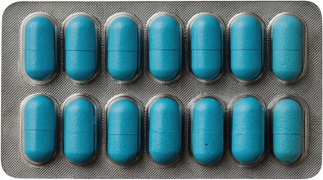 3D vector illustration style, a blue capsule pill presented in top-down view on a pure white background. Flat design with simple geometric shapes in white and light blue tones, no shadows or gradients