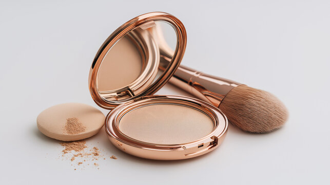 A compact powder case with a mirror, a makeup brush, and a powder puff scattered with loose powder are arranged on a white surface