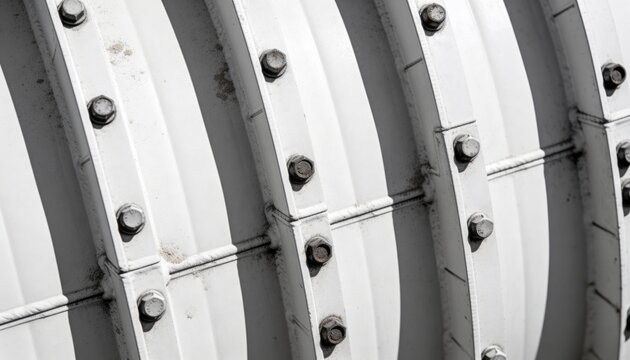 Showing white metal ribs revealing bolted flanges, hex bolts, welds in plant, paint chips, rust