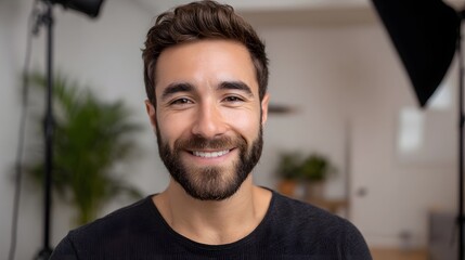 Obraz premium A man with a beard smiles warmly at the in a well lit indoor setting with studio equipment visible