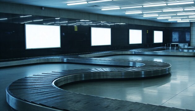Snaking S-shaped metal baggage conveyor occupying center airport baggage claim, reflecting lights