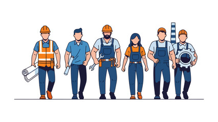 Obraz premium Construction Crew: A group of construction workers, each embodying a unique role within a building project, stand ready, showcasing the diverse skills and unified spirit of the workforce. 