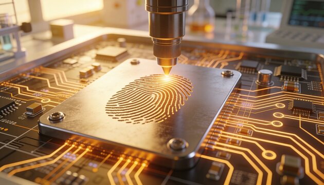 Engraving metal plate with laser head, etching fingerprint in lab with PCB traces, hex screws