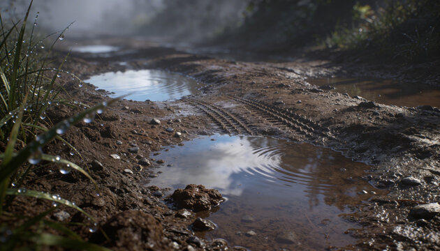 Closeup muddy trail with tire tracks and puddles for outdoor background and nature texture and landscape design