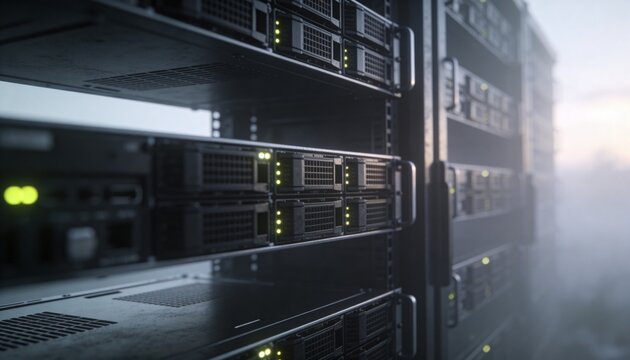 Monitoring system polling, rack server showing green drive LEDs for data-center health