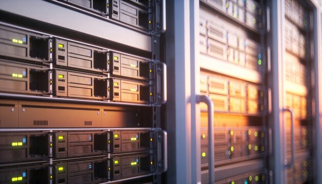 Monitoring system pinging rack servers in data center, overlays marking drive bays, LEDs pulsing