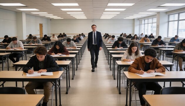 Walking exam proctor in dark suit supervising students writing test papers at desks in exam hall
