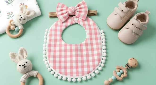 Baby girl accessories, pink gingham bib, shoes, and toys on mint background