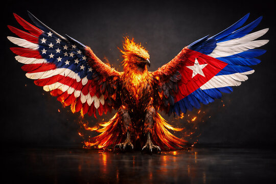 Conceptual illustration of a fiery phoenix with wings textured like the American and Cuban flags symbolizing rebirth in diplomatic relations