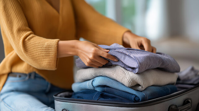 Woman struggling to fit everything into a packed suitcase, relatable overpacking travel lifestyle concept, defocused background, with copy space
