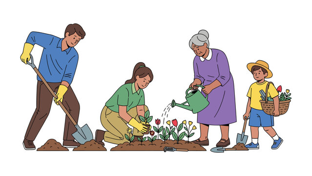 Family in the Garden: A multi-generational family works together in the garden, planting and caring for flowers, fostering a sense of togetherness and shared enjoyment.