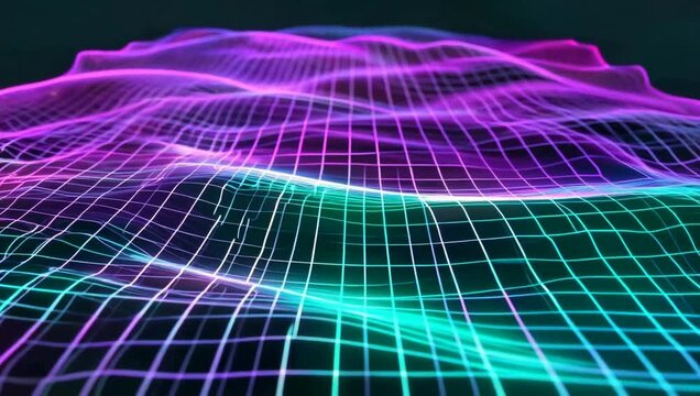 Neon grid waves with purple and teal light