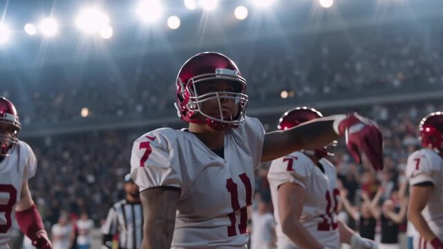 A football player raises his arms in celebration while his team members gather around him. The stadium lights shine bright above as spectators cheer in the background during an exciting match.