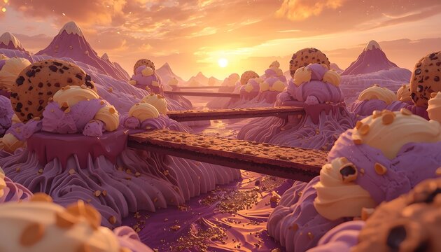 Dreamcore Sunset Dream Edible Dessert Landscape and Ice Cream Mountains Kids Fantasy Background