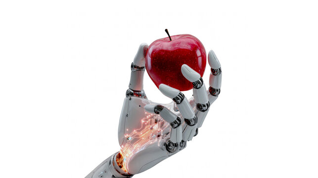 A robotic hand holding a shiny red apple isolated on transparent background