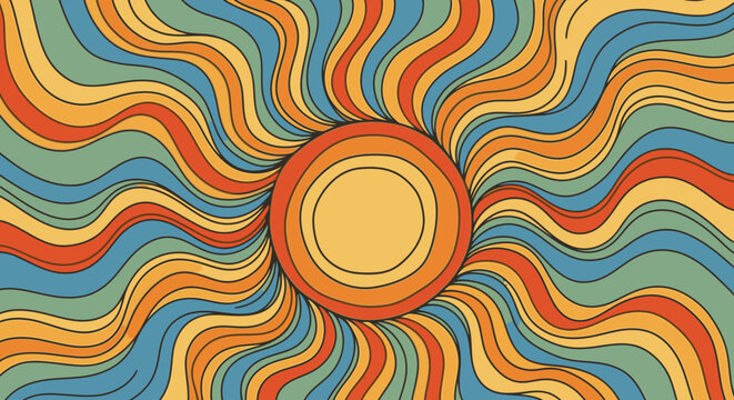 Vibrant psychedelic sunburst pattern with wavy lines