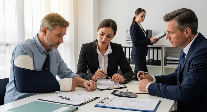 Three men are seated around a table, deeply engaged in a business discussion. One man has a cast on his left arm.
