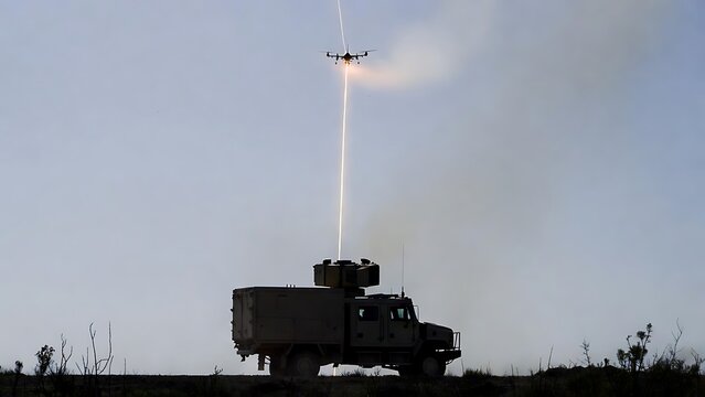 A ground-based weapon system mounted on a truck firing a powerful laser beam to intercept and destroy an aerial drone against a clear sky.
