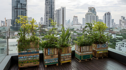 Fototapeta premium Rooftop urban garden in Bangkok condo with wooden planter boxes and city skyline, serene greenery and potted plants on terrace