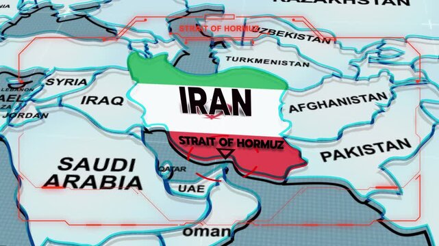  a stylized 3D map highlighting IRAN, Middle East, Iran map, Central Asia and Eastern Europe, Flag of Iran, Iran Flag, animation