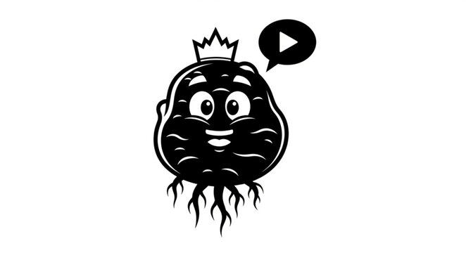Cartoon Potato King with Play Button Icon, Black and White.