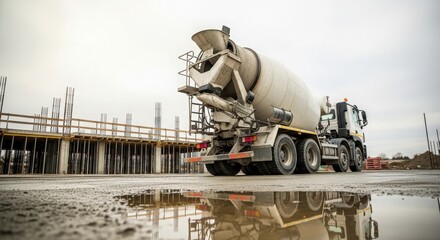 Naklejka premium Concrete mixing truck operating at construction site