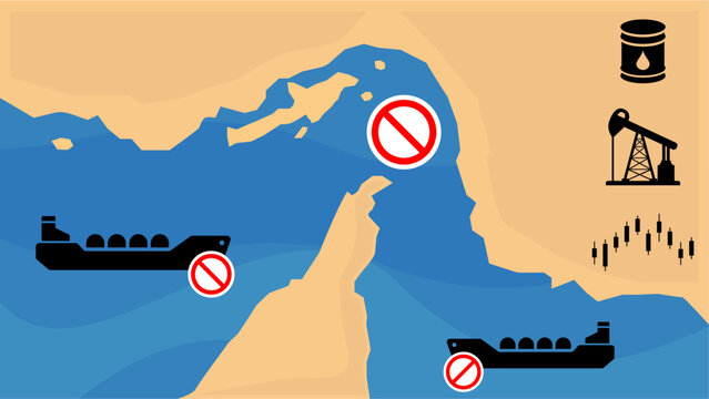 Geopolitical Tensions in the Middle East Disrupting Oil Tanker Routes and Causing Global Energy Market Volatility in the Strait of Hormuz. Vector Illustration