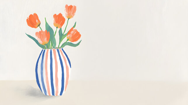 a simple gouache painting, featuring colorful tulips in a striped vase. the painting employs simple shapes and flat colors.
