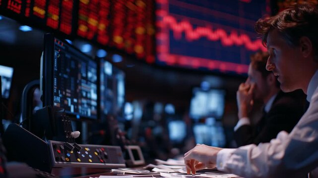 Traders show concern and stress as stock prices decline sharply on the trading floor. The screens display red numbers indicating losses. The atmosphere feels tense as market changes occur.
