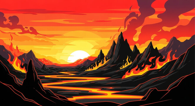 Pixel Art Landscape - Volcanic Mountains and Lava River at Sunset.