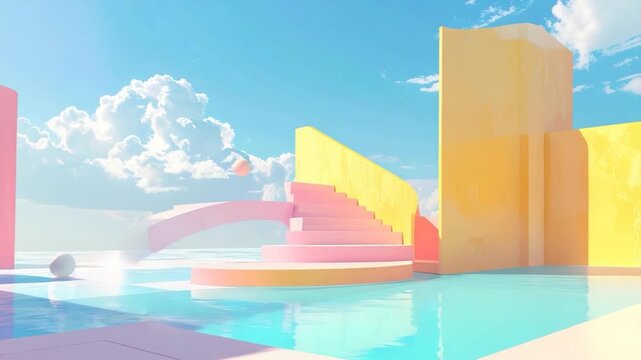Dreamlike pastel landscape features geometric forms, stairs, archways, spheres, reflecting pool against sky