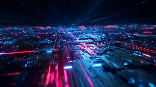 Dynamic digital circuitry with fast neon pink and blue light trails and glowing particles representing high-tech visual effects (AI Generated)