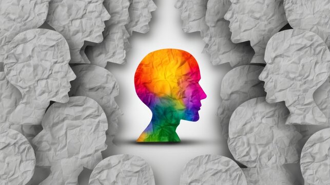 Human mind standing out with colorful individuality, unique identity, creativity, and self expression from a crowd of gray silhouettes