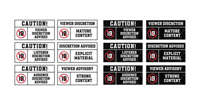 Several variations of warning signs for adult content. Vector format, available in black and white.