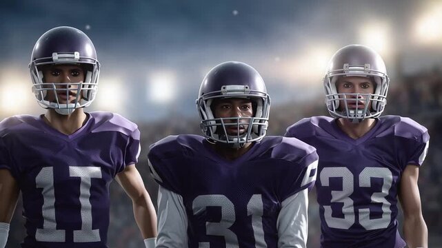 Players celebrate on the field after scoring a touchdown during a football match at a stadium. Fans cheer in the background while the stadium lights shine bright.