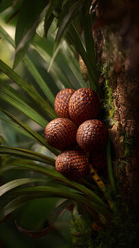 Snake fruit cluster near palm base with scaly reddish brown fruits and green fronds, tropical forest mood