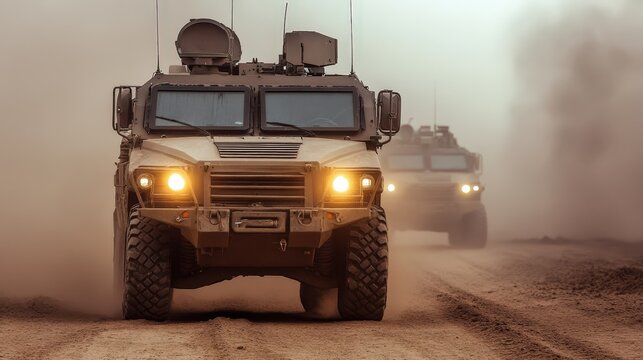 Armored military vehicles drive through a dusty, rugged terrain, headlights on and equipment mounted on the roofs.